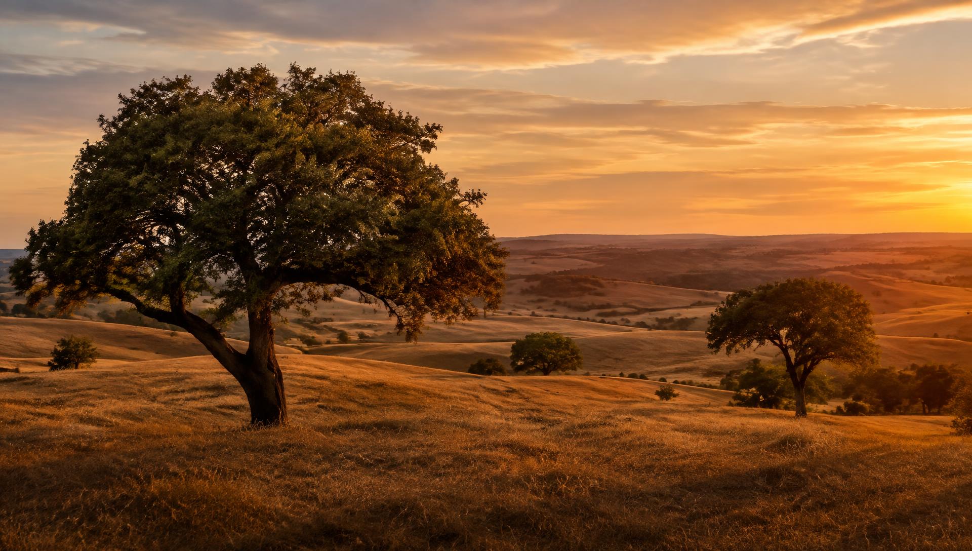 Cork oaks on golden plains at dusk