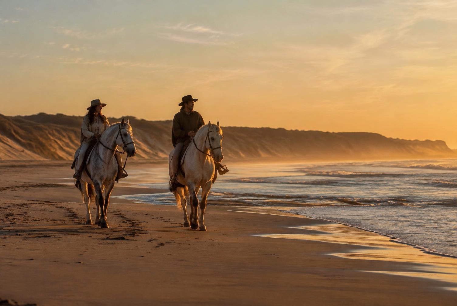 Horses walking at the edge of the surf